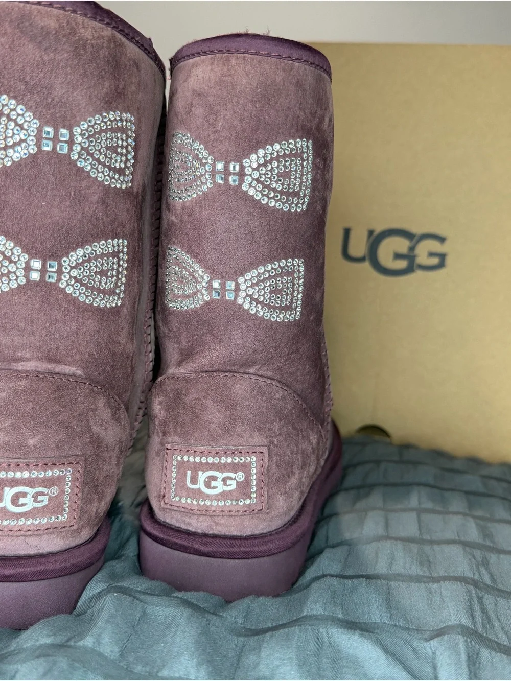 UGG Women's Purple Suede Short Boots with Swarovski Crystal Bow Bling Accents